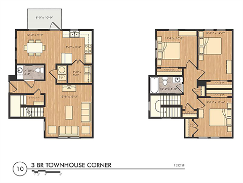 3 Bedroom 2 Bath Corner Townhouse 2D Floorplan at Foote Park at South City